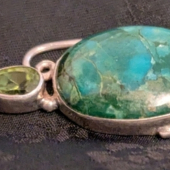 Artisan Handmade Solid Sterling Silver Pearl Genuine Chrysocolla Peridot Pendant - Picture 6 of 11